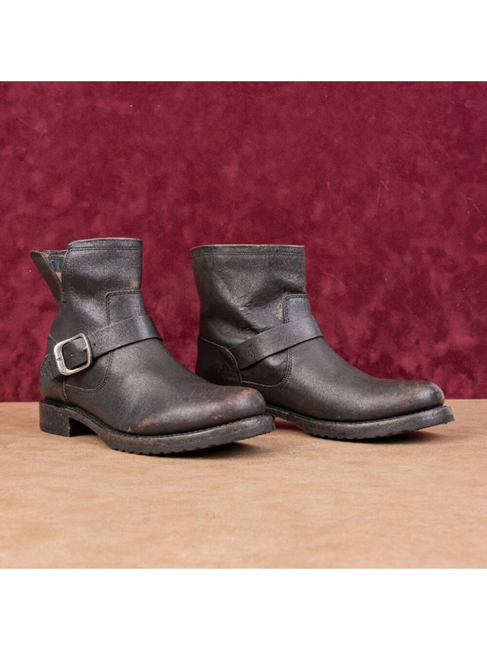 Frye Women Veronica Slouch Dark Brown Leather Strap Moto Biker Ankle Boots sz 9
